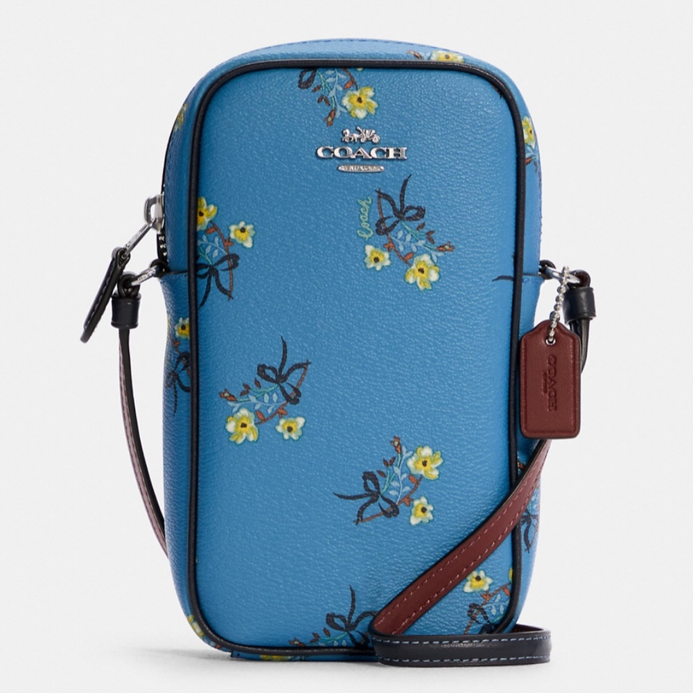 Coach North & South Zip Phone w/Floral Bow Print Silver/Blue Multi Leather